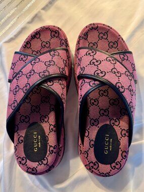 GUCCI MONOGRAM CRISS CROSS PLATFORM SLIDES